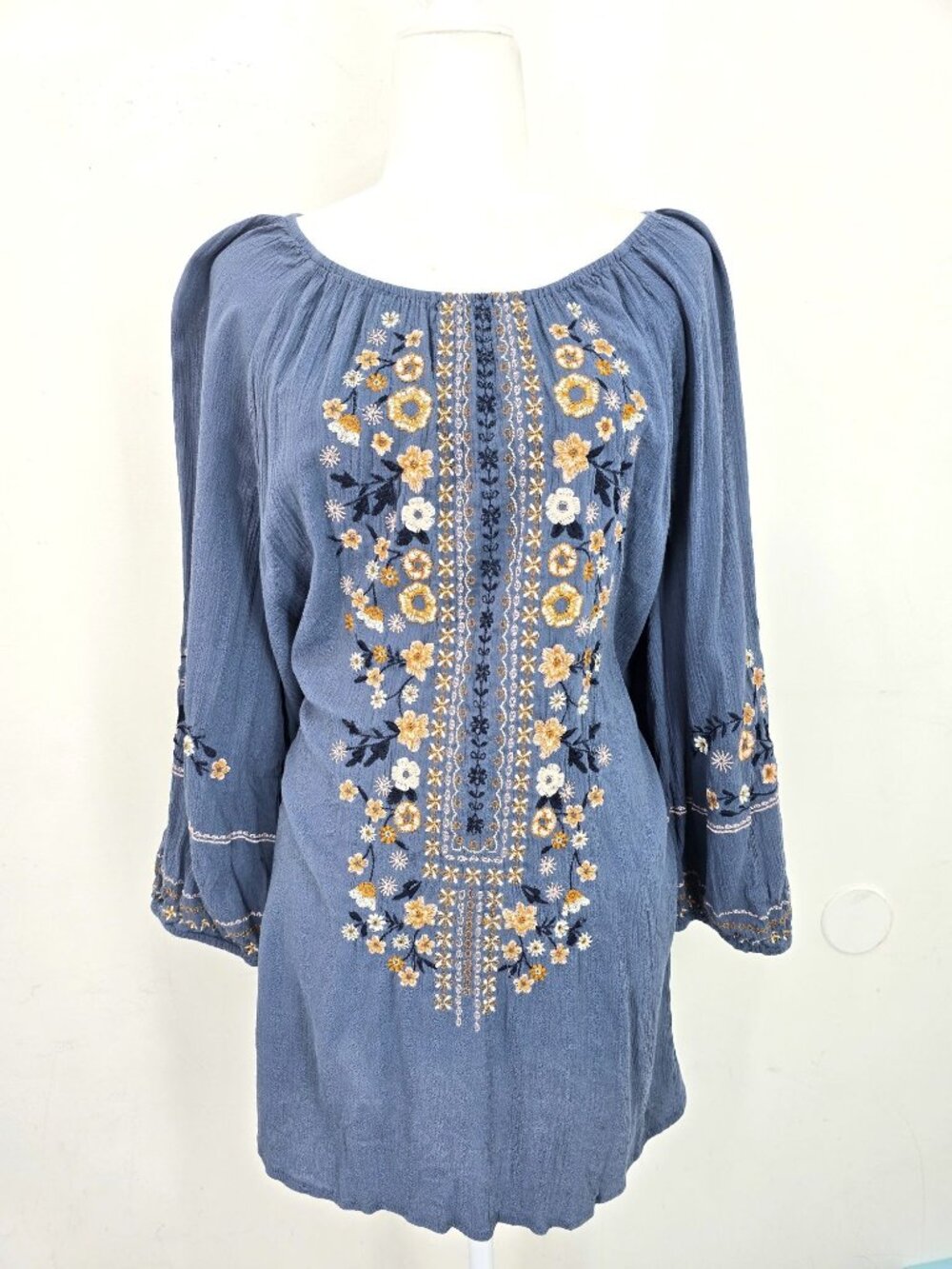 J. Jill Steel Blue Boho Floral Embroidered Puff Sleeve Tunic Dress Top Women XL